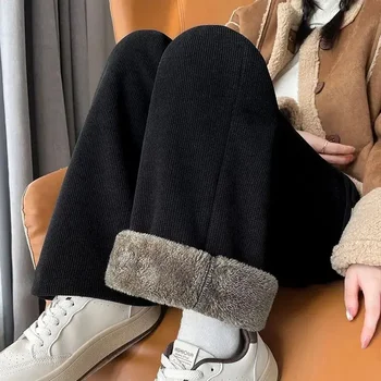 Pantalones de Otoño Invierno para mujer, pantalón de pierna ancha de lana de cordero grueso, pantalones sueltos de terciopelo a la moda para mujer, pantalones casuales de Cachemira