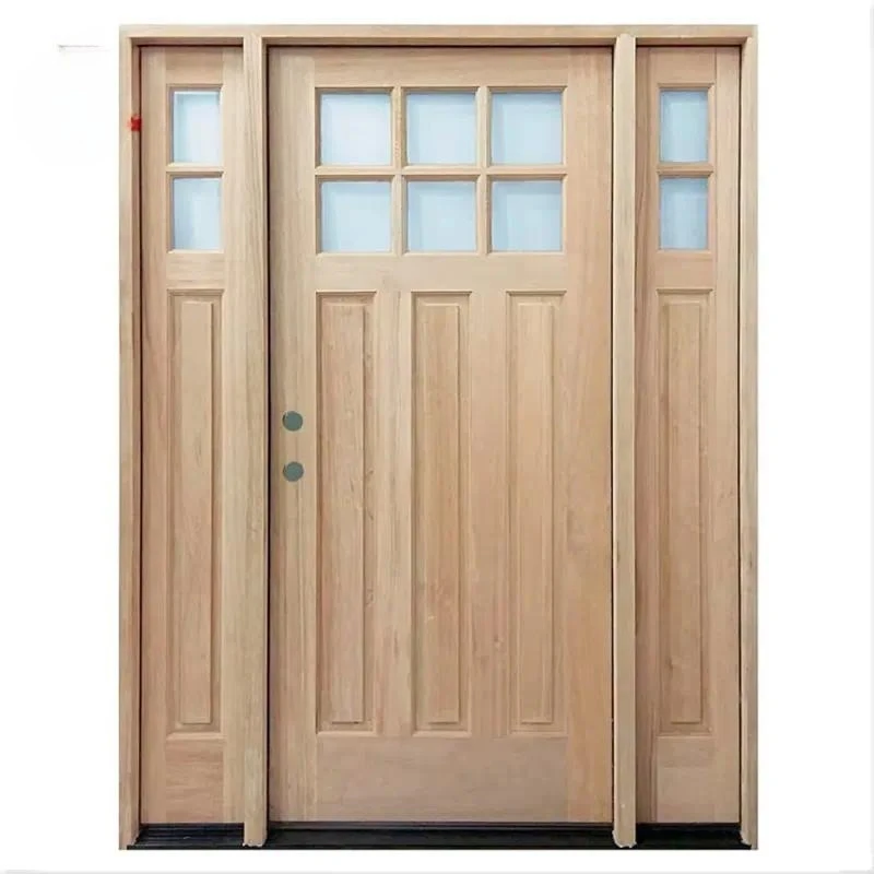 36x80 Inch Unfinished Wooden Casement Entrance Door with 6 Glass Panels and Side Windows for Home Interior Exterior Use