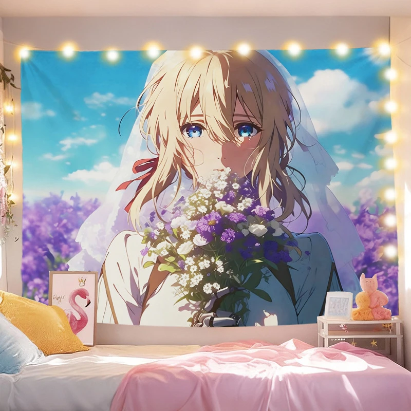 VIKAMA Violet Evergarden Cartoon Tapestry, Soft Fabric Wall Hanging, Kawaii Aesthetic Decor for Bedroom Dorm Home