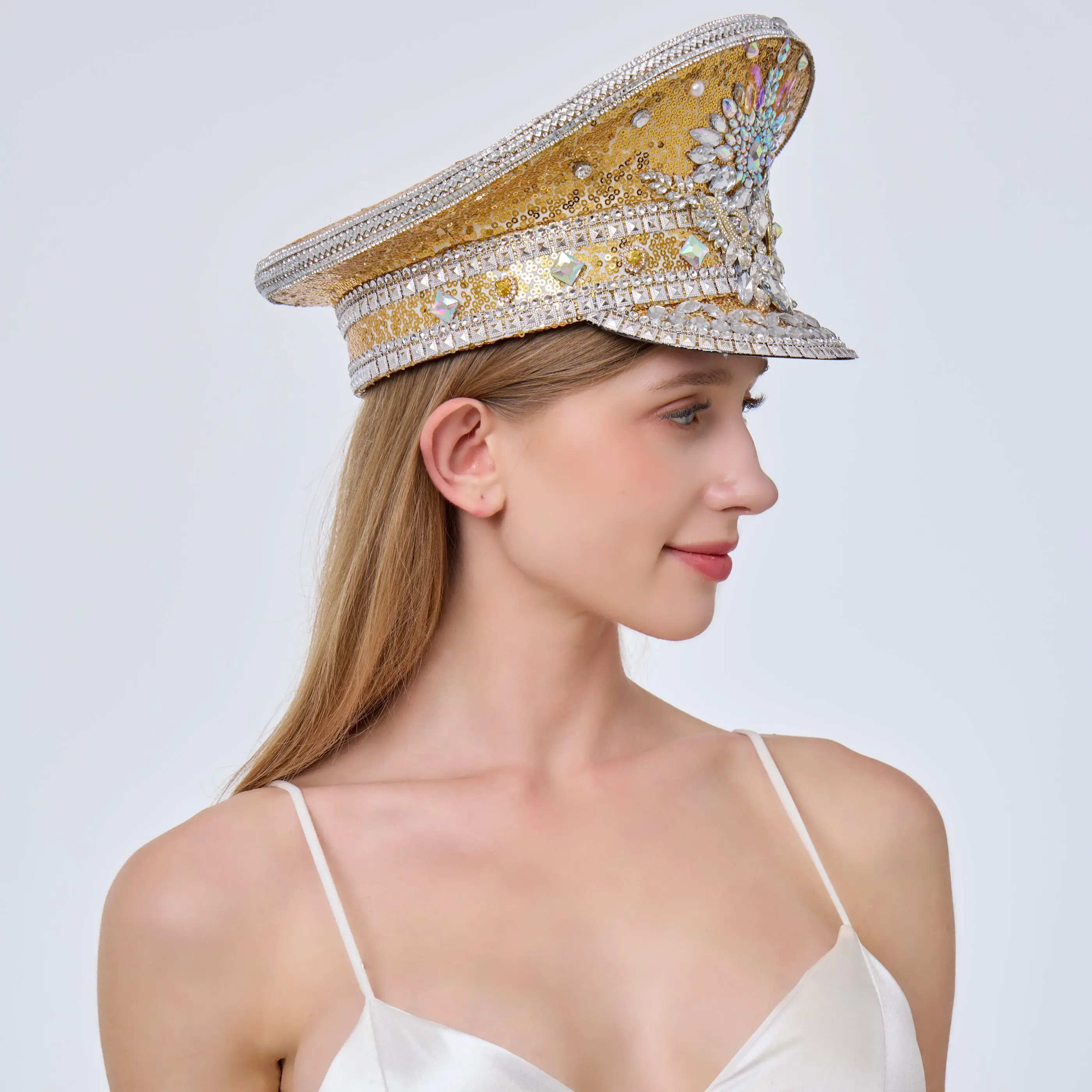 HongLuan 빈티지 골든 스팀펑크 캡틴 모자 빌딩 맨 축제 여성용 라인스톤 - 군용 액세서리 & 남성용 모자