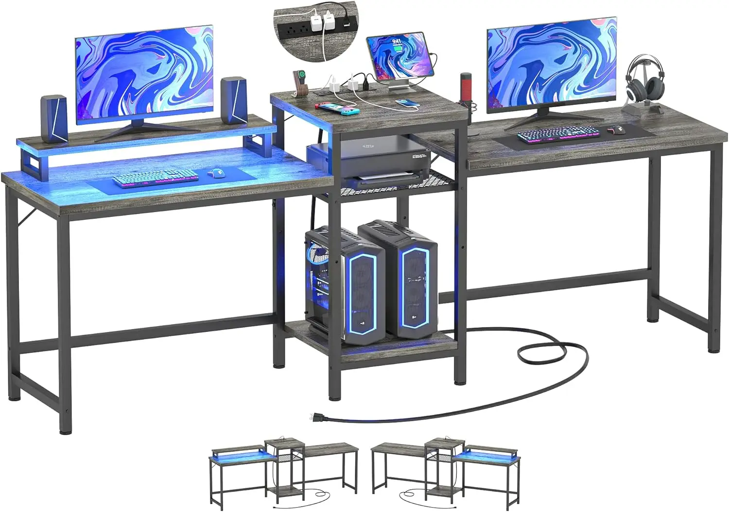 Unikito Two Person Desk with LED Light and Power Outlet, Double Computer Desks with Monitor Stand and Printer Stand, Double Gami