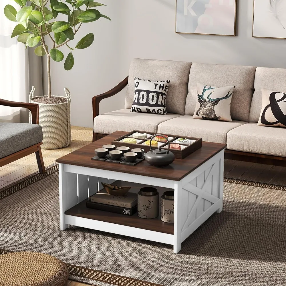 Modern 31 Square Coffee Table with Open Storage Shelf, 2-Tier X-Shaped Design, Barn Fence Style