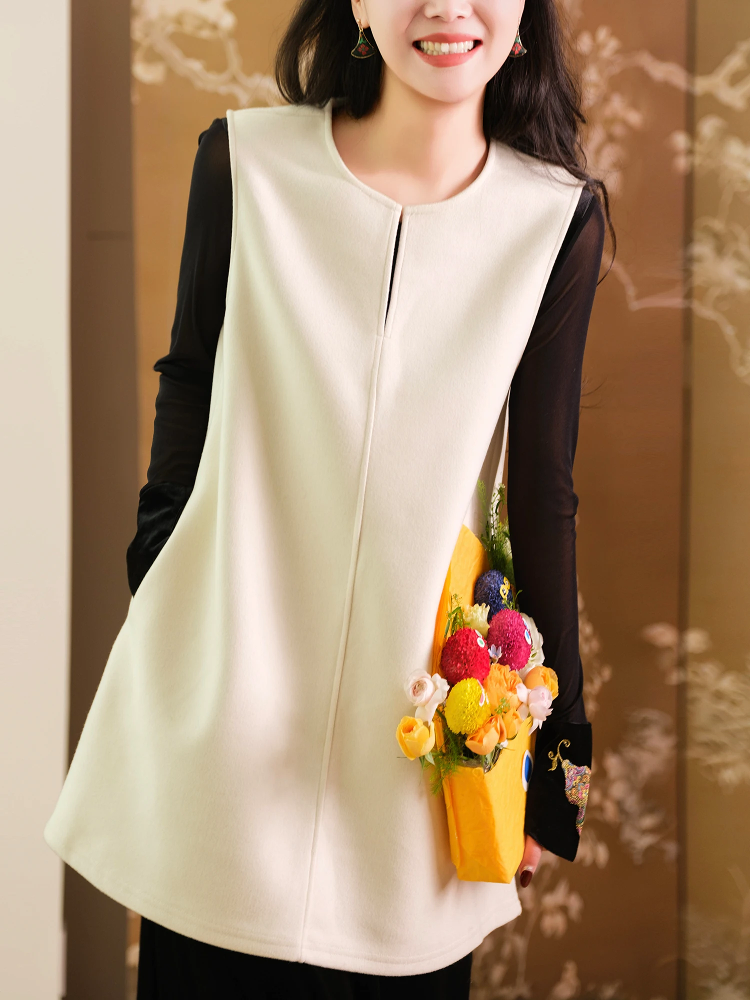 

Ele Wool Blend Long Vest Women's Faion Winter Warm Outerwear round Ne Loose Fit Tailored Sle Annual Series