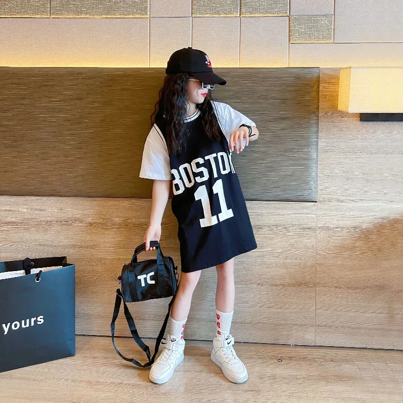 2026 Summer Girls Long T-shirt Dress Korean Cotton Short Sleeved Children  Patchwork Letter Casual 6 8 10 12 14 Year Kids Tops - AliExpress 1501