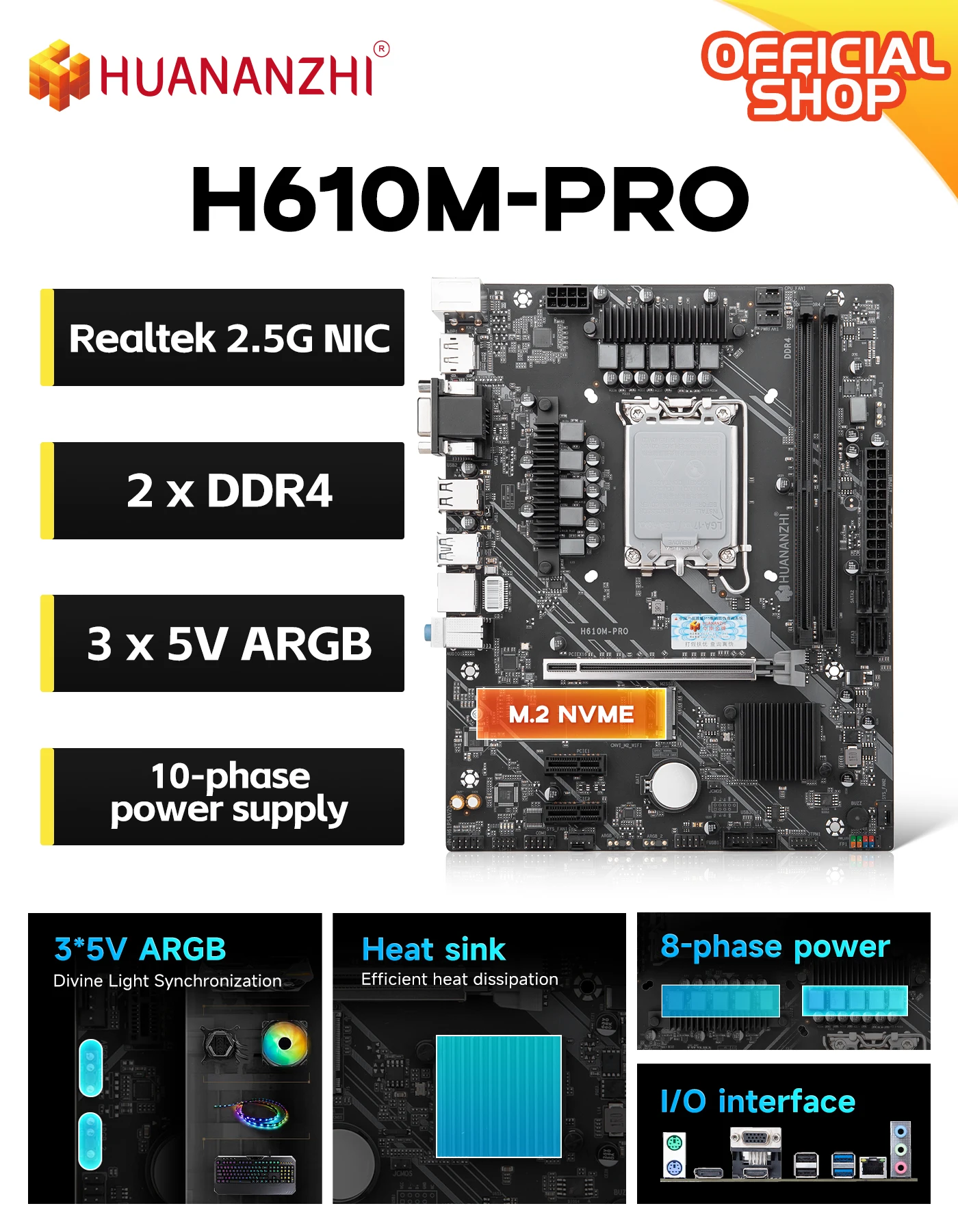

Материнская плата HUANANZHI H610M PRO M-ATX DDR4, поддержка 12 13 Gen H610 Intel LGA 1700 CPU 12100F 12400F 12490F 12600F 12700F 13600F