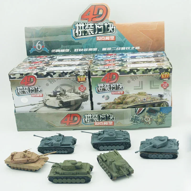 6PCS/Set 1:100 4D Assembled Plastic Tiger Tanks World War II Germany US The Soviet Union Tank Scale Blocks Model Toy