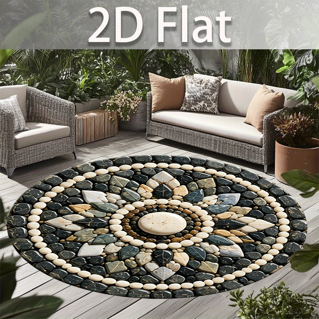 Natural Pebble Stone Mandala Round Rug 2D Flat Rock Mosaic Print Mat, Rustic Outdoor Patio Balcony Garden Decor Circular Carpet