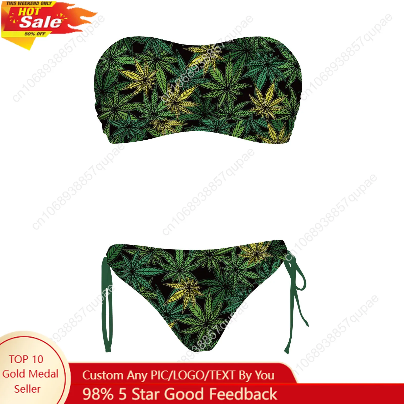 Leaf Weed Rasta MarijuanaYellow Green Custom Swimsuit Womens Drawstring Two Piece Set Bathing Suits Swimwear Bikini Beachwear