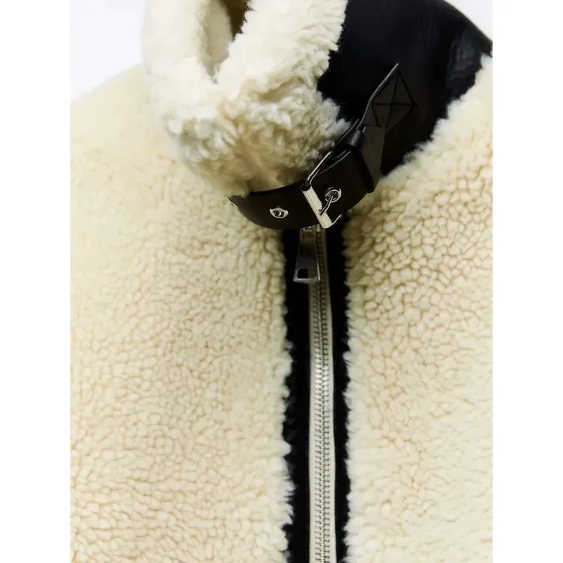 Women Faux Teddy Fur Jackets Long Sleeve Stand Collar Zipper Coats Fall Winter Fake Fur Teddy Jacket Street Motorcycle Bike Wear