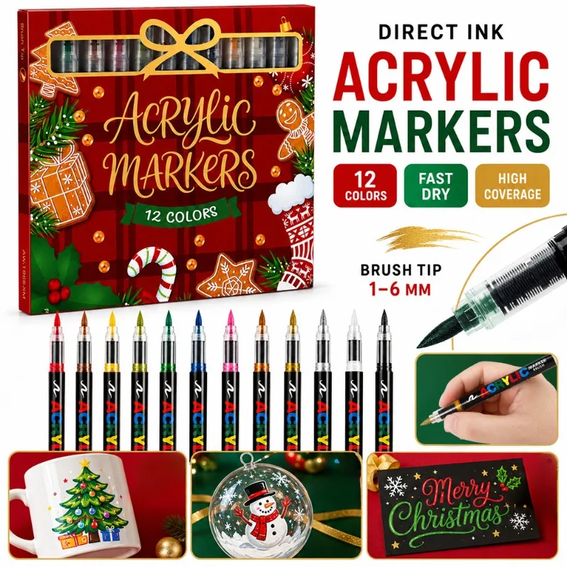 Christmas Gift Box Acrylic Paint Marker Set, Direct Liquid Acrylic Markers for DIY Greeting Card Painting & Handmade Art Crafts