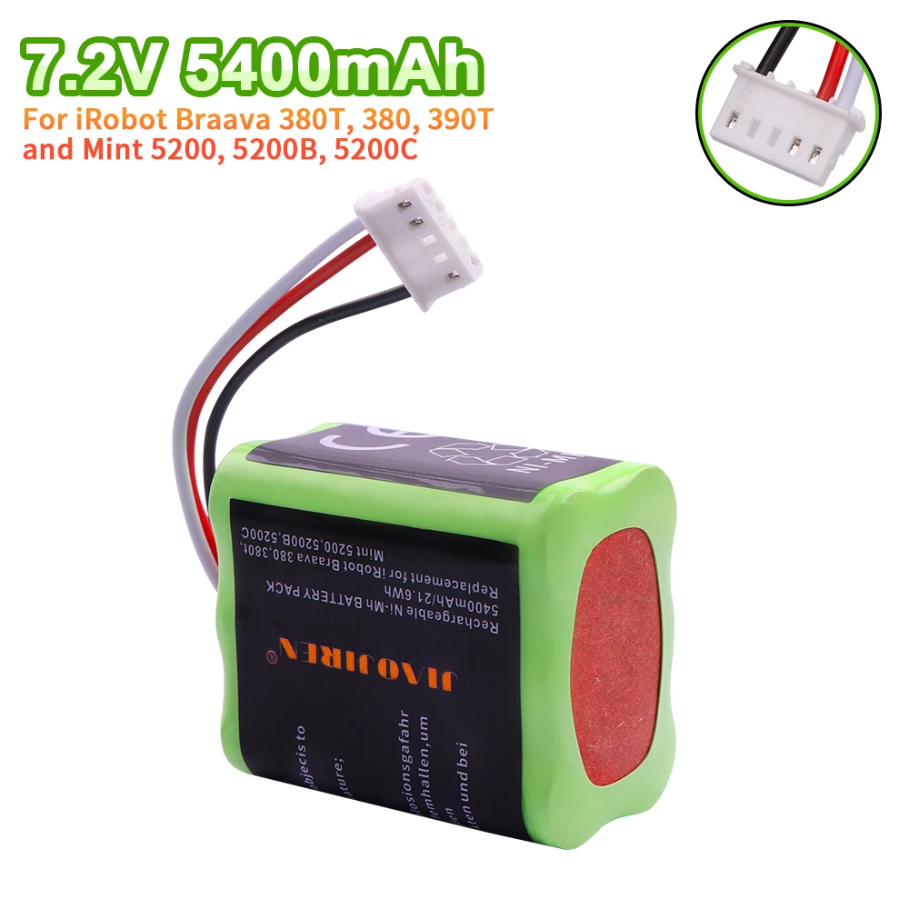NI-MH 7.2V 5400mAh Battery for iRobot Braava 380T 380 390T Mint 5200 5200B 5200C Vacuum Cleaner upgraded high capacity for 380T