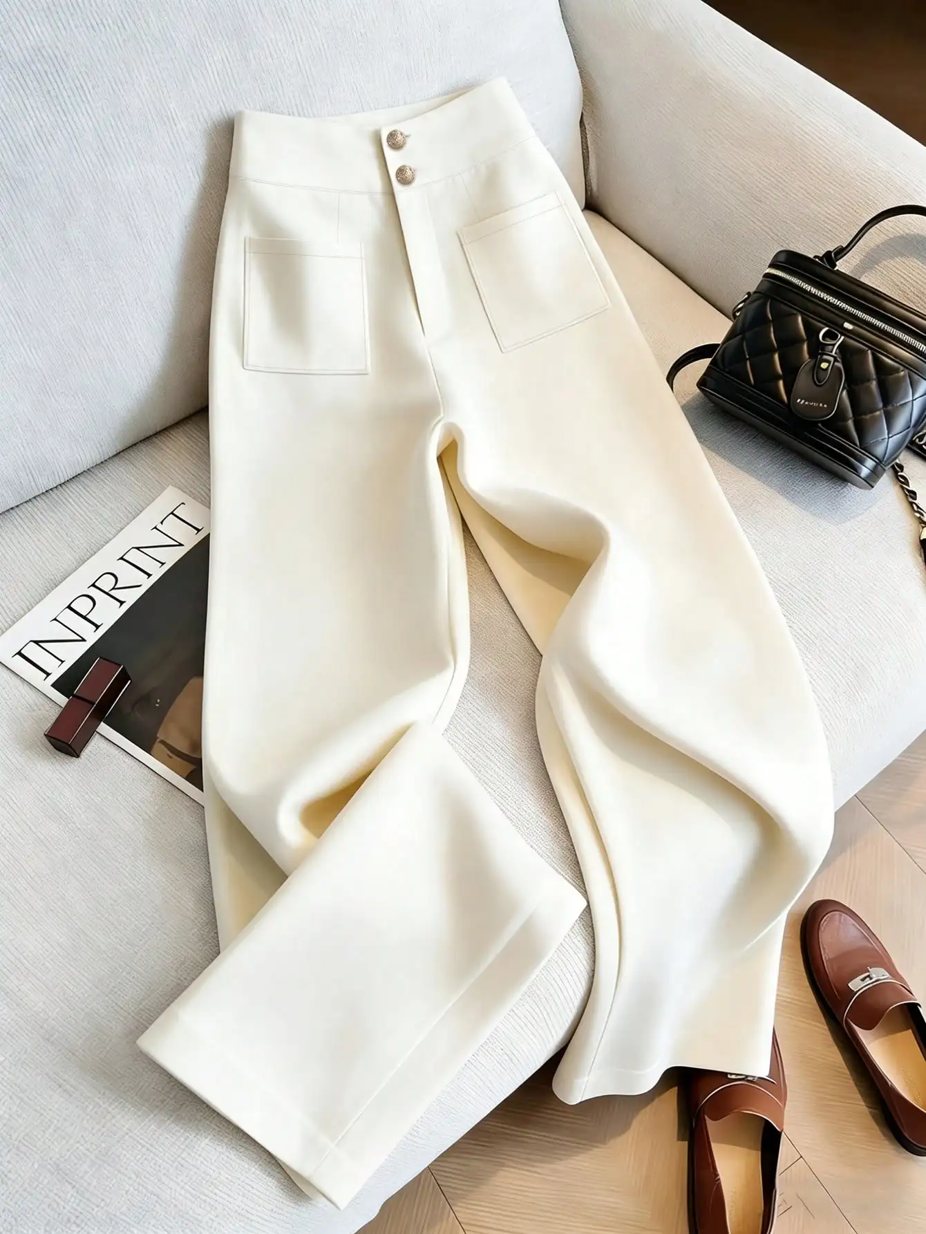 

Элегантные брюки с высокой талией и широкими штанинами с двойными металлическими пуговицами, повседневные брюки для женщин