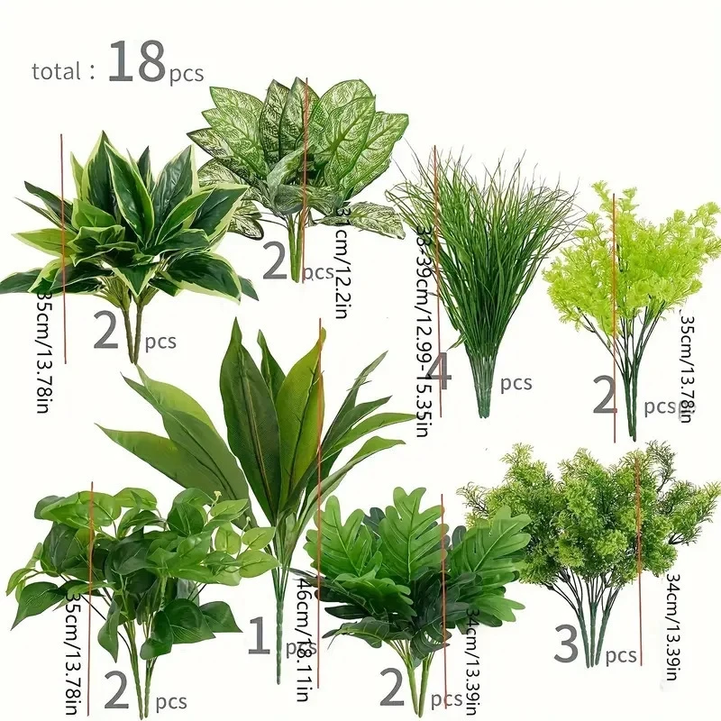 

18pcs Set Artificial Plants Simulation Grass Plastic Ferns Green Leaves Fake Flower Plant Wedding Home Decoration Table Decor
