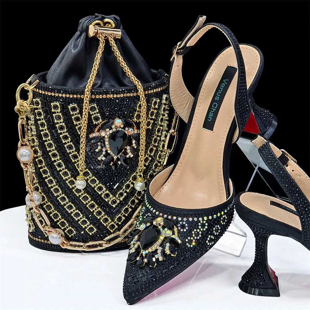 

Black Newest Italian Shoes with Matching Bags Set Decorated with Rhinestone Women Comfortable Sandal for Wedding Party