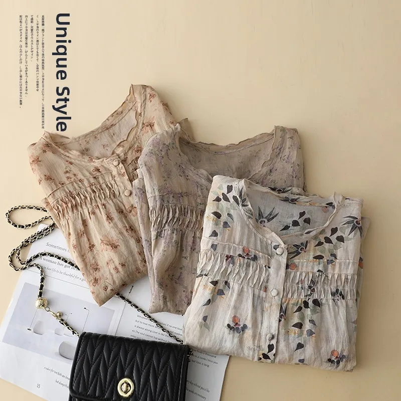 Ele Floral Cotton Linen irt Damen Faionable Summer Top Age-Defng irt Japanischer Sle Vintage Print Loose Fit