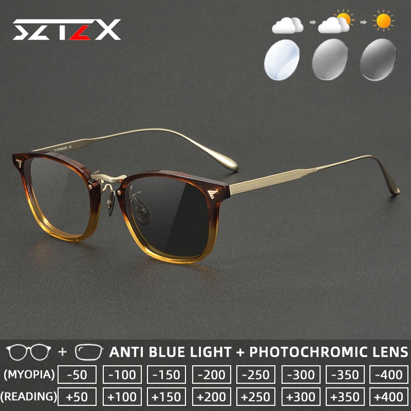 

Очки для чтения SZTZX Classic Luxury фотохромные с ацетатной оправой и титановыми дужками, с защитой от синего света, прогрессивные, по рецепту
