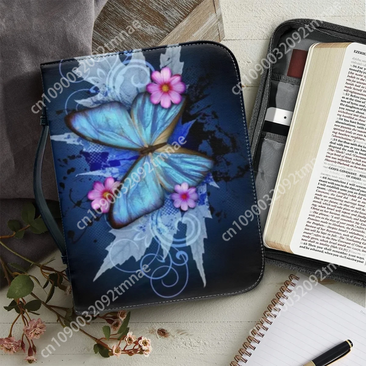 

Trendy Art Butterfly Custom Women's Leather Handbags Zippered Handle Bible Bag Classic Practical Church Bible Holy Storage Boxes