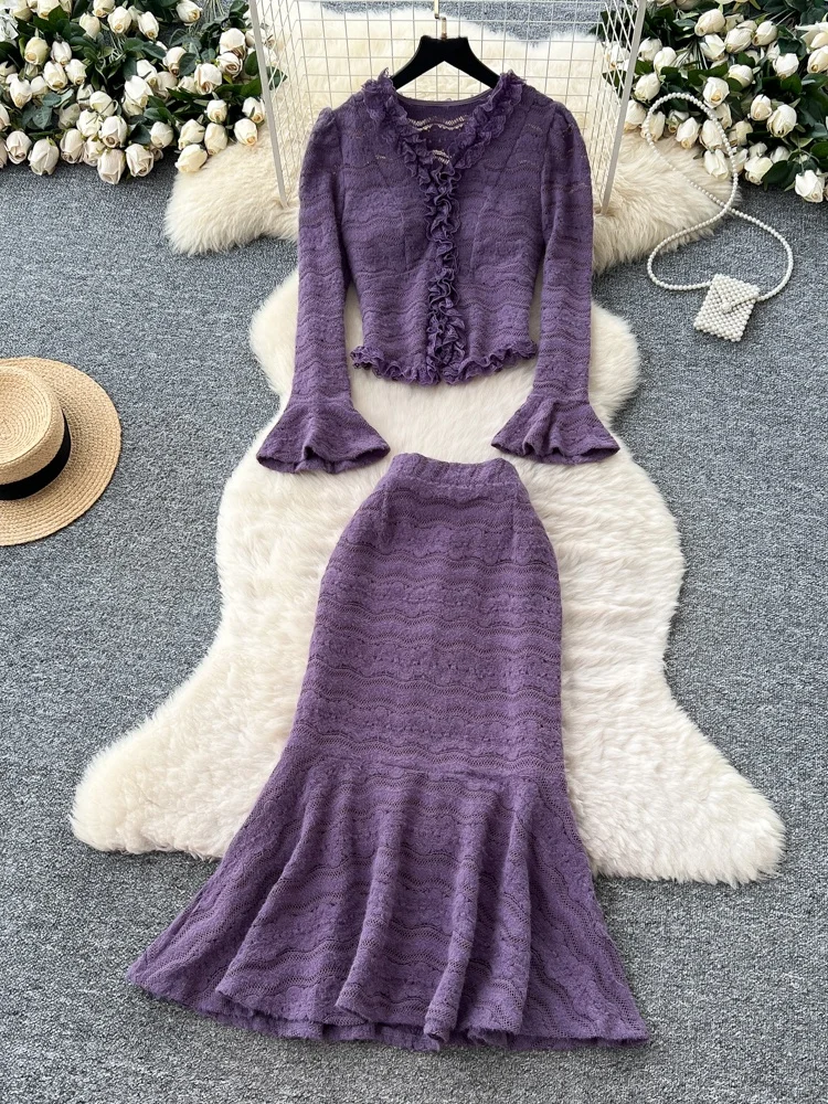 

Комплект Ele Purple Lace Long Sve с деревянной юбкой ain с высокой талией и хвостом French Sle Faionable Autumn Collection