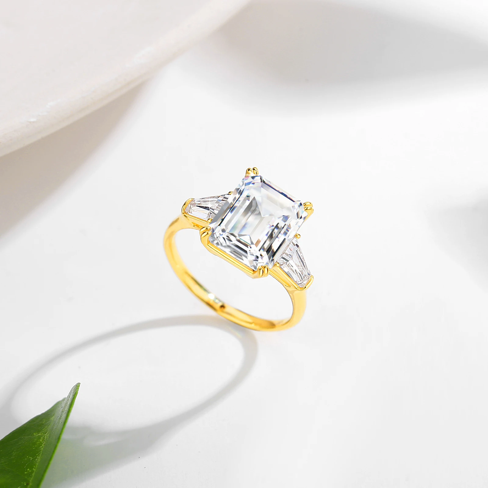Emerald Cut D Color VVS1 Moissanite Ring GRA Certified Pass Diamond Tester S925 Sterling Silver 14K Yellow Gold Plated Anti Allergy Tarnish Resistant Fine Jewelry For Women Engagement Wedding Anniversary Promise Birthday Party Gift view 5