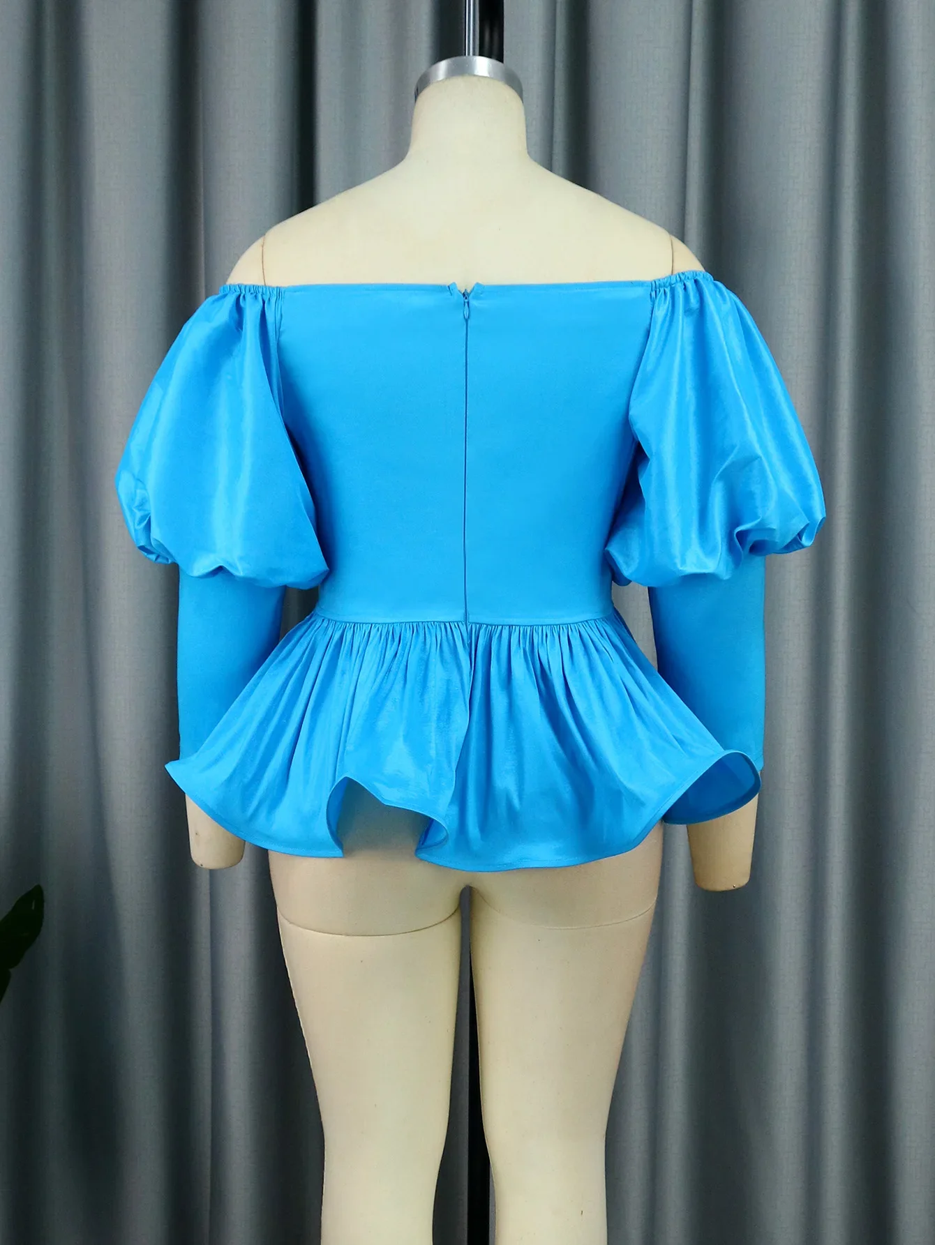 Off Shoulder Blouse Blue Long Lantern Sleeve Shiny Ruffles Birthday Cocktail Event Party Pullover Peplum Tops for Women New 2024