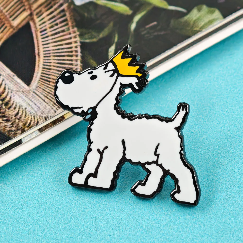 Classic Anime Character Snowy Enamel Pin Cute Dog with A Crown Enamel Pin Retro Comic Periphery Badges Backpacks Lapel Pins Gift