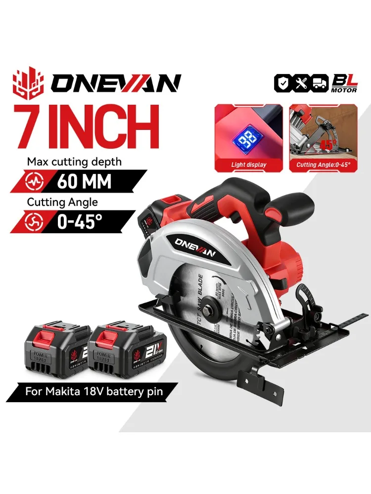ONEVAN 7 Zoll 185 mm bürstenlose elektrische Kreissäge Digitalanzeige Schnurloses Holzbearbeitungs-Schneidwerkzeug für Makita 18 V Batterie-Pin