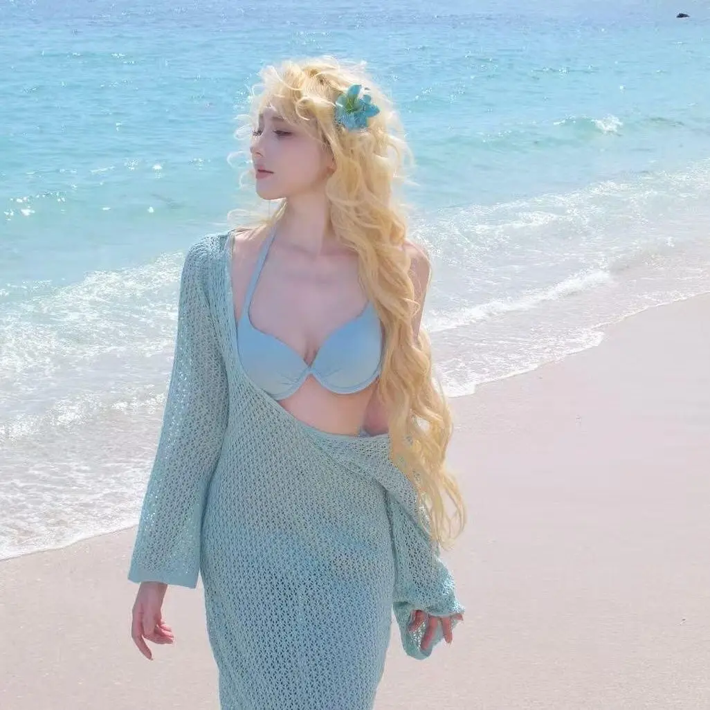 

Mis Blue Bikini Steel Ring Gathered Small Chest Island Holiday Swimming Suit Knitted Long Dr Hot Spring Triangular Bikini