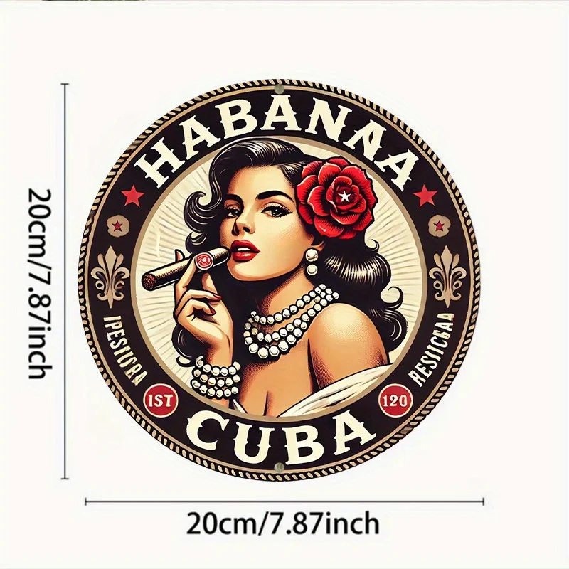 لوحة فنية جدارية معدنية مستديرة عتيقة "Havana Cigar Beauty" مسطحة ثنائية الأبعاد - لافتة قصدير ألومنيوم مقاس 8 × 8 بوصة، مناسبة للمنزل والمرآب والمقهى #2