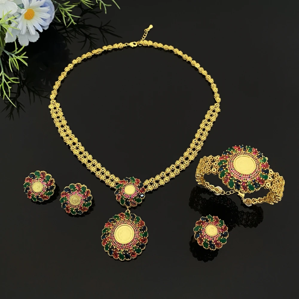

JRH Valentine's Day Gift Women's Jewelry Set Premium Gold Plated Brass Zircon Jewelry Bracelet Necklace Earrings Ring Set