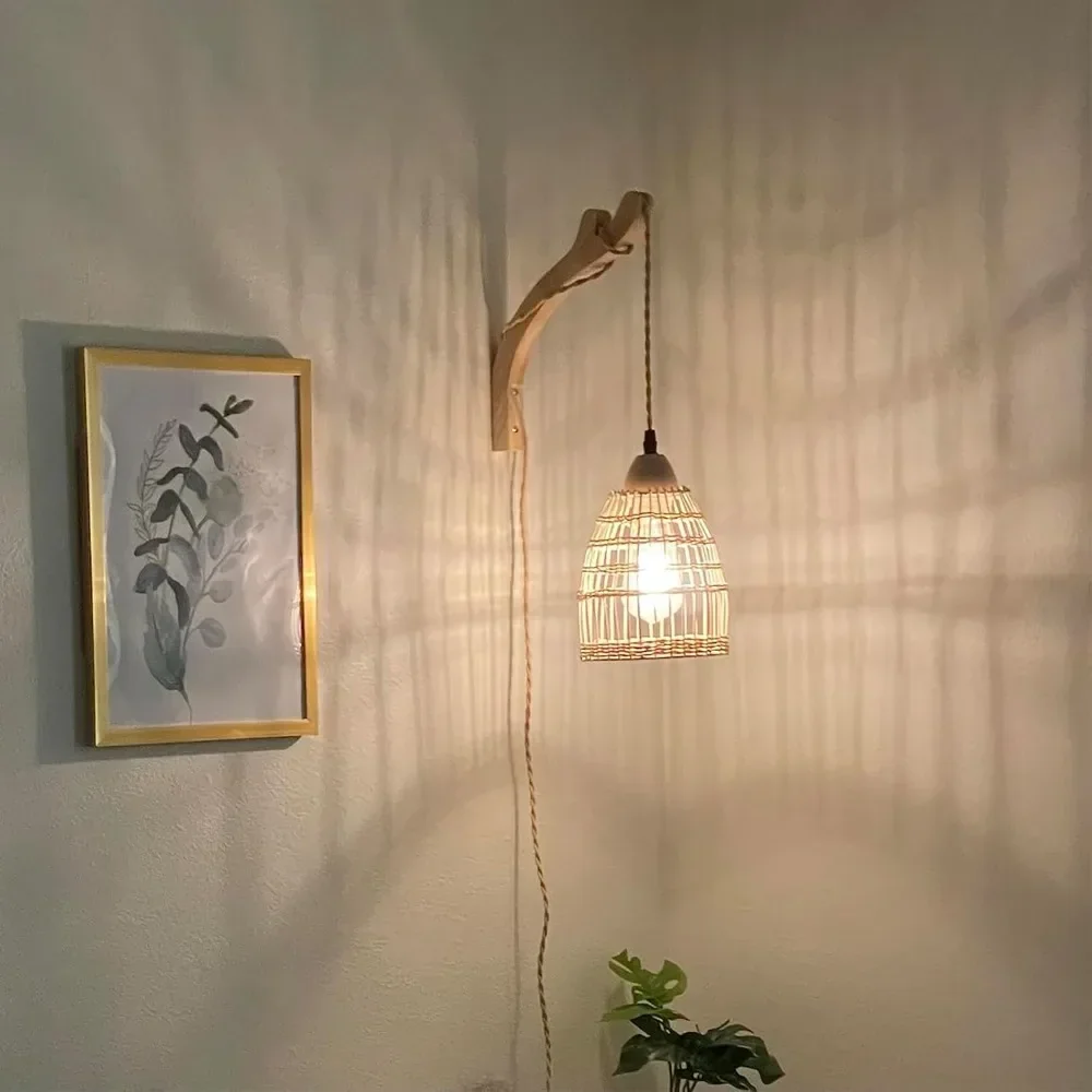 JOYINLED Plug in Wall Lamp Hand Woven Lamp with Cord Rattan Lights Indoor Wall Light Fixture for Bedside Reading Bedroom Living