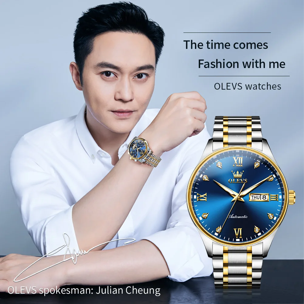 OLEVS 9955 Luminous Luxury Mens Watch Original Stainless Steel Classic Automatic Mechanical Wristwatch for Man