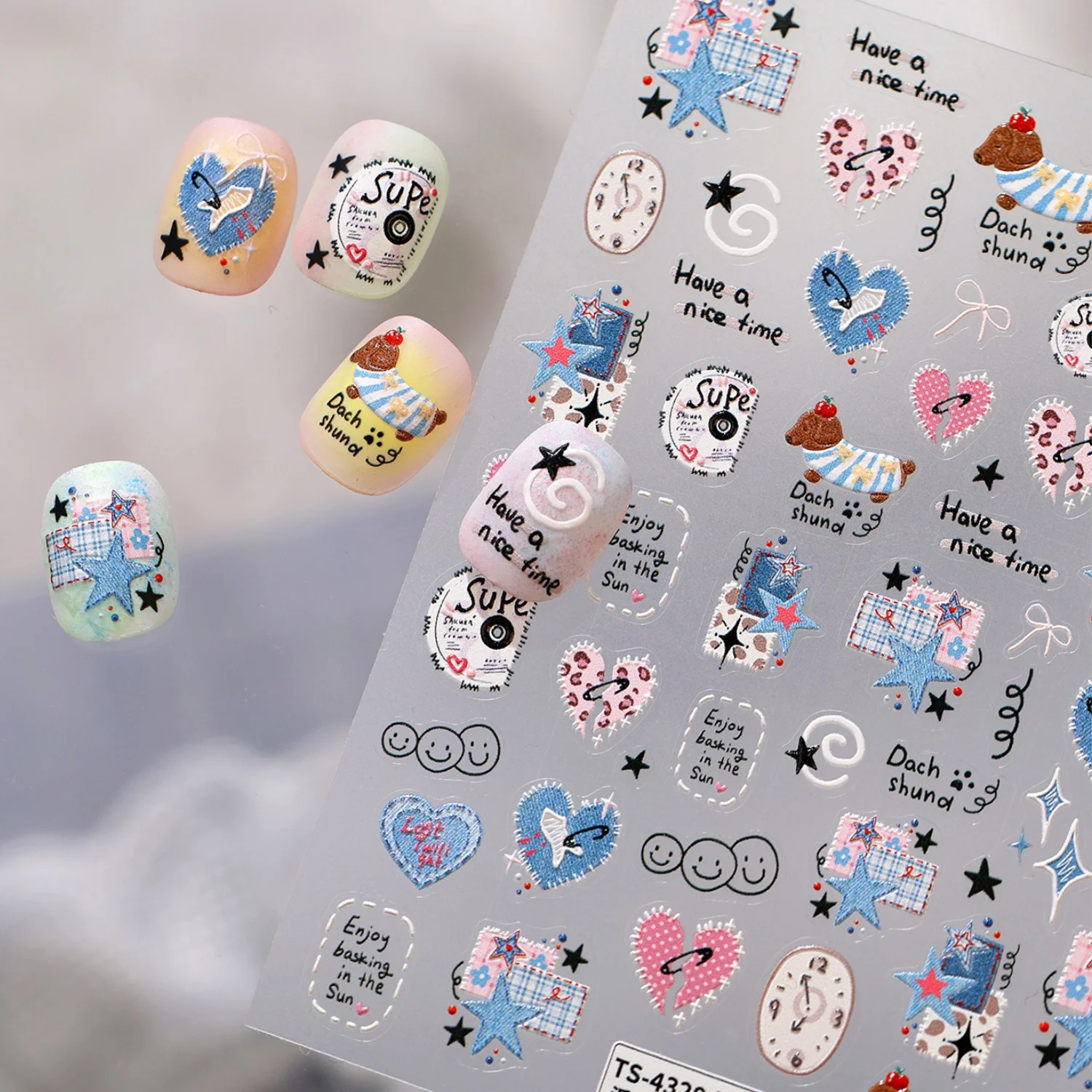 Cute Retro Blue Puppy 5D Nail Stickers Dachshund Dog Plaid Star Heart Clock Self‑Adhesive Nail Decals Decoration Accessories