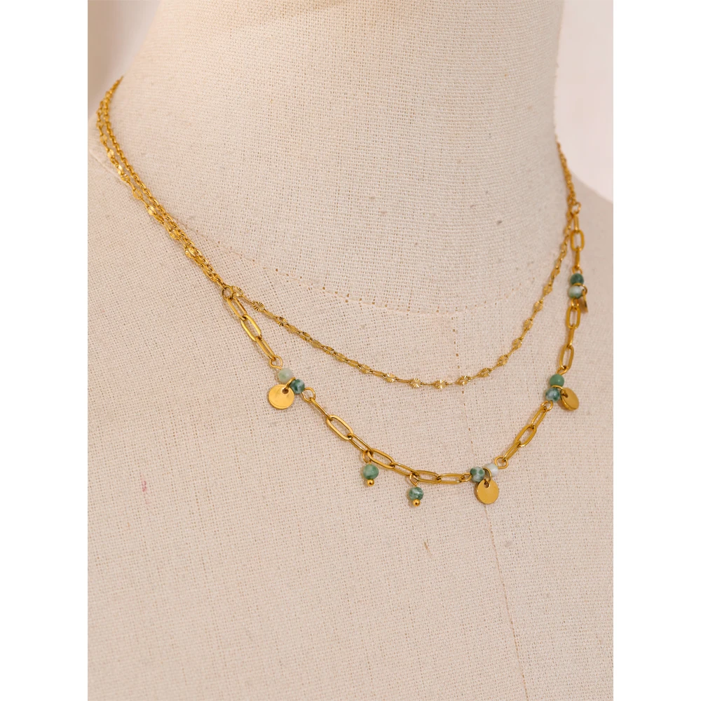 Yhpup Exquisite Stainless Steel Green Natural Stone Double-Layer Chain Stacking Necklace for Women High Quality Jewelry Gift