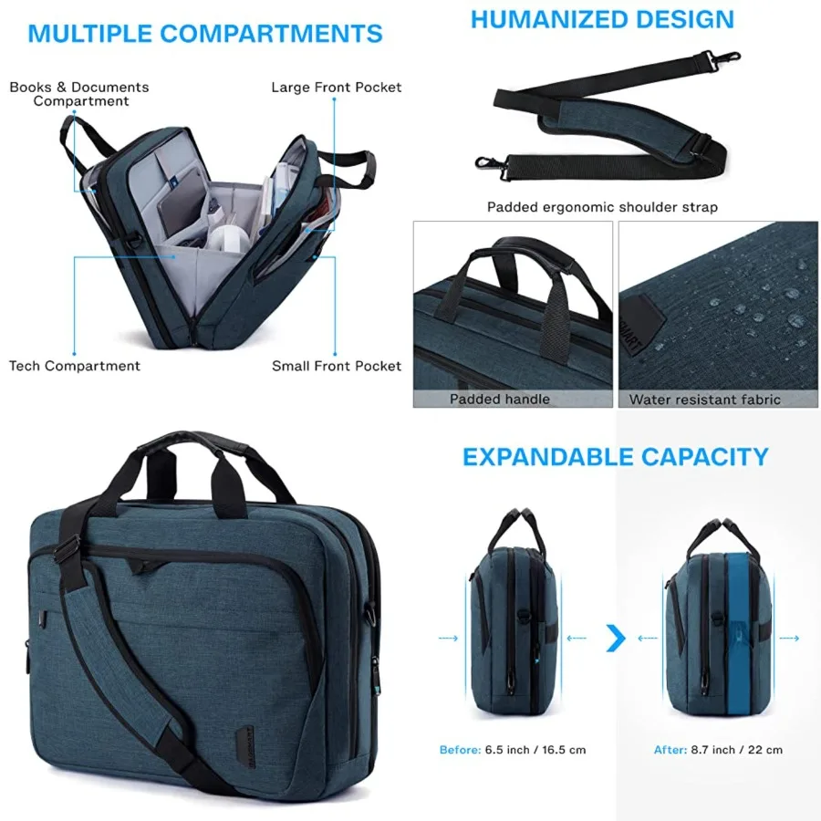 

17.3 ch Laptop Bag, Expandable Computer Bag Laptop Briefcase Men Women, Laptop Shoulder Bag, Work Bag Busess Travel Office, Blu