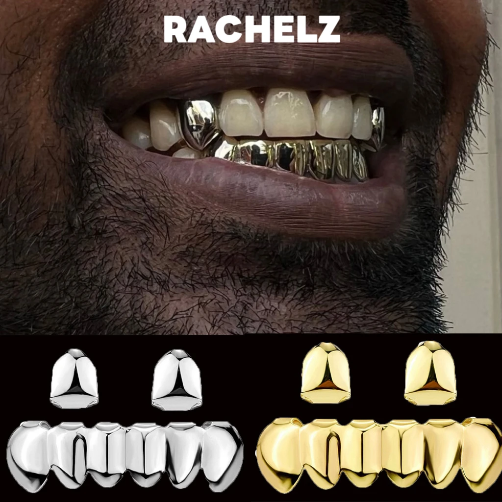 RACHELZ Ouro Prata Cor DIY 2/6 Top Bottom Brilhante Dentes Grillz Hip Hip Tooth Caps Para Mulheres Homens Jóias Presente de Halloween