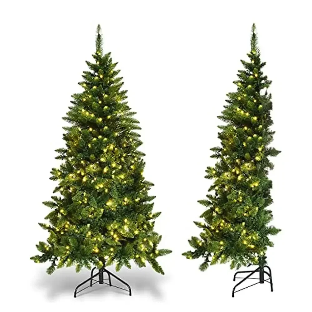 Half-Shape Prelit Christmas Tree 290 PVC Needles LED Lights Metal Stand Xmas Home Decoration