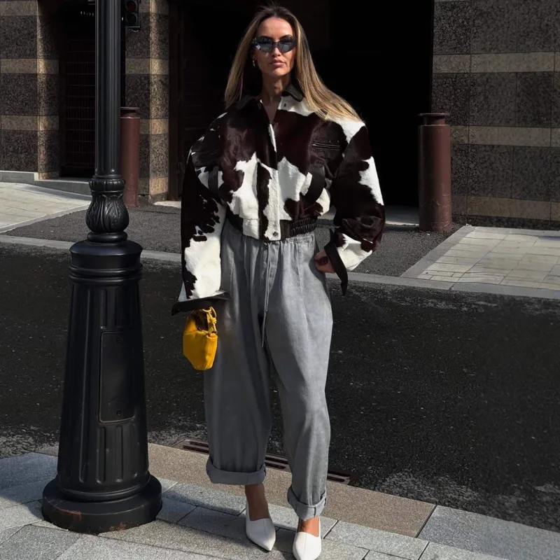 Kurtka damska EAEOVNI Streetwear z kontrastowymi kolorami, modna, skórzana, patchworkowa, z długim rękawem, vintage, nowa odzież