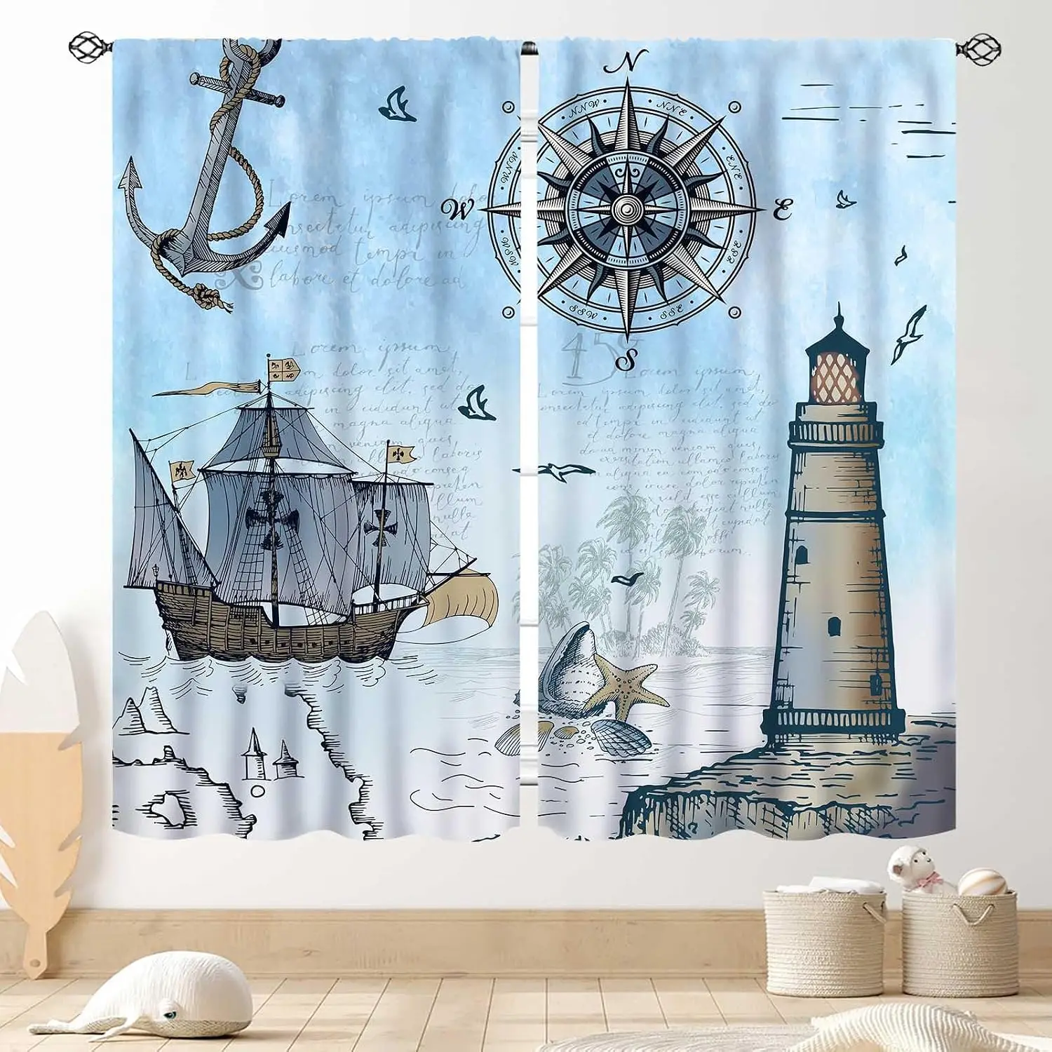Vintage Nautical Sea Curtain Bohemian Window Panels Sailing Ship Lighthouse Coastal Ocean Illustration Decor