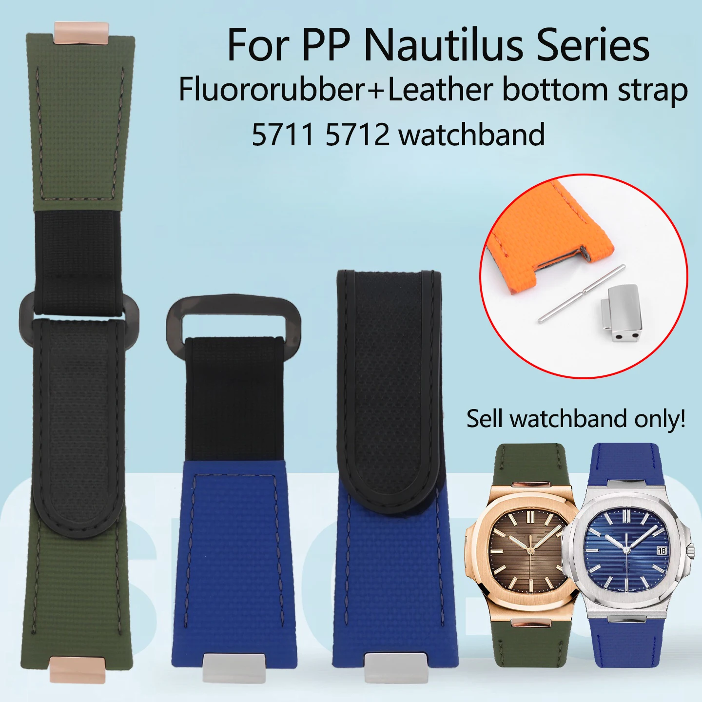 For Patek Philippe Nautilus series 5711/5712 Fluororubber + bottom Leather strap，Metal connector watch strap, men's bracelet