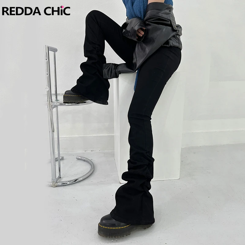 

REDDACHiC Solid Black Ruched Women's Jeans Vintage Slim Fit Casual High Rise Stretch Denim Bootcut Pants Dark Punk Everyday Wear