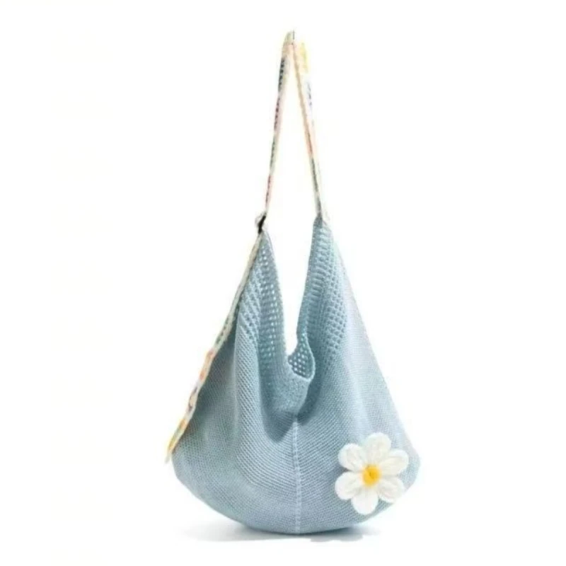 Blue Beige Khaki Light Blue Crochet Mesh Hobo Bag Daisy White Flower Cottage Core Woven Strap Crossbody Shoulder Tote For Girls