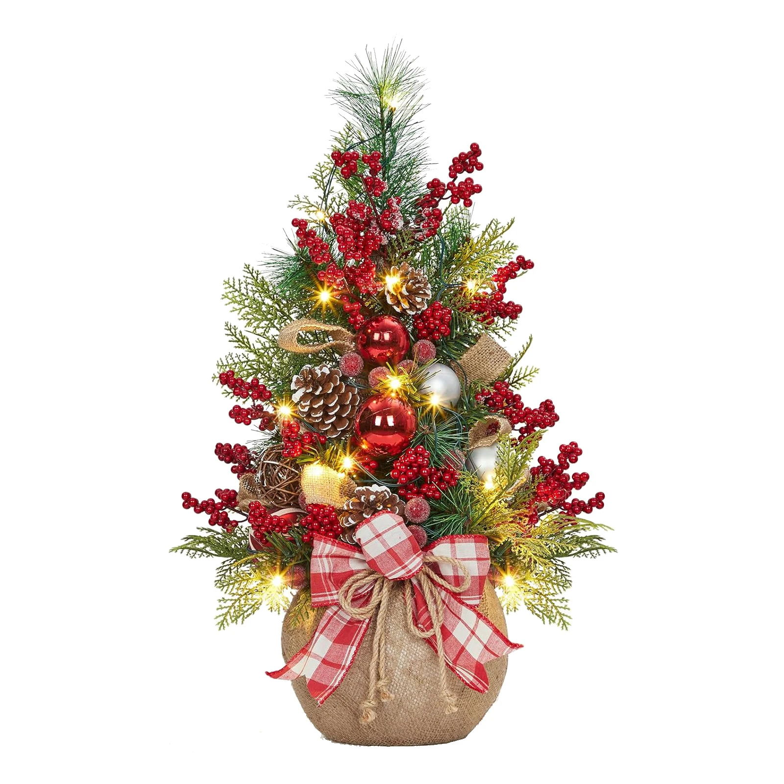 24 em mini árvore de natal com luzes, árvore de mesa artificial pré-iluminada com arco e bolas, bagas vermelhas e pinhas para decoração de natal