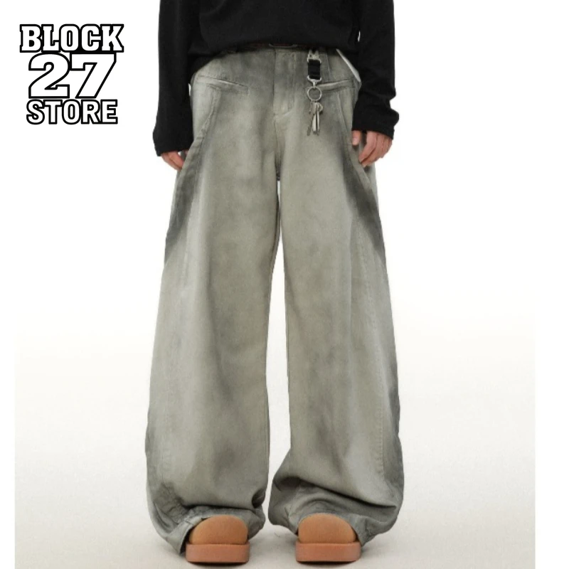 Mens Jeans Harajuku American Deconstructed Dirty Washed Straight Denim Pants Vintage Workwear Casual Loose Fit Streetwear New