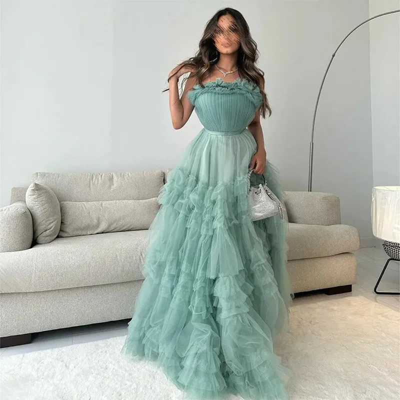 Classy Strapless Green Evening Dresses With Tiered A-Line Tulle Sleeveless Muslim Pleats Floor Length Prom Dresses for Women