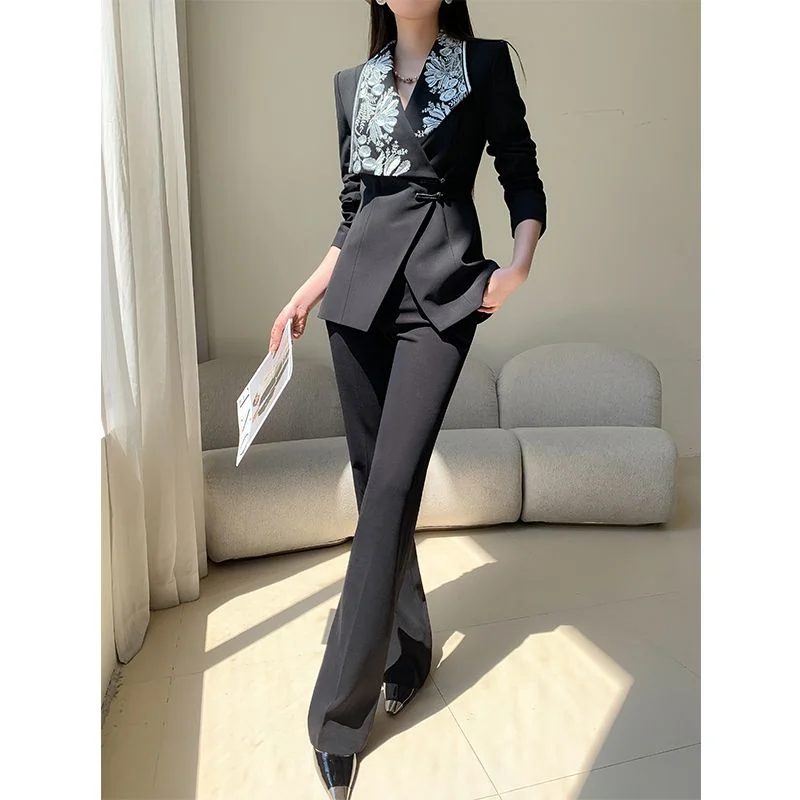 Women's Summer Suits New Heavy Craft Embroidery Shirt Ladies Top Micro Flared Pants Temperament Two-Piece Set Chinese Style Suit