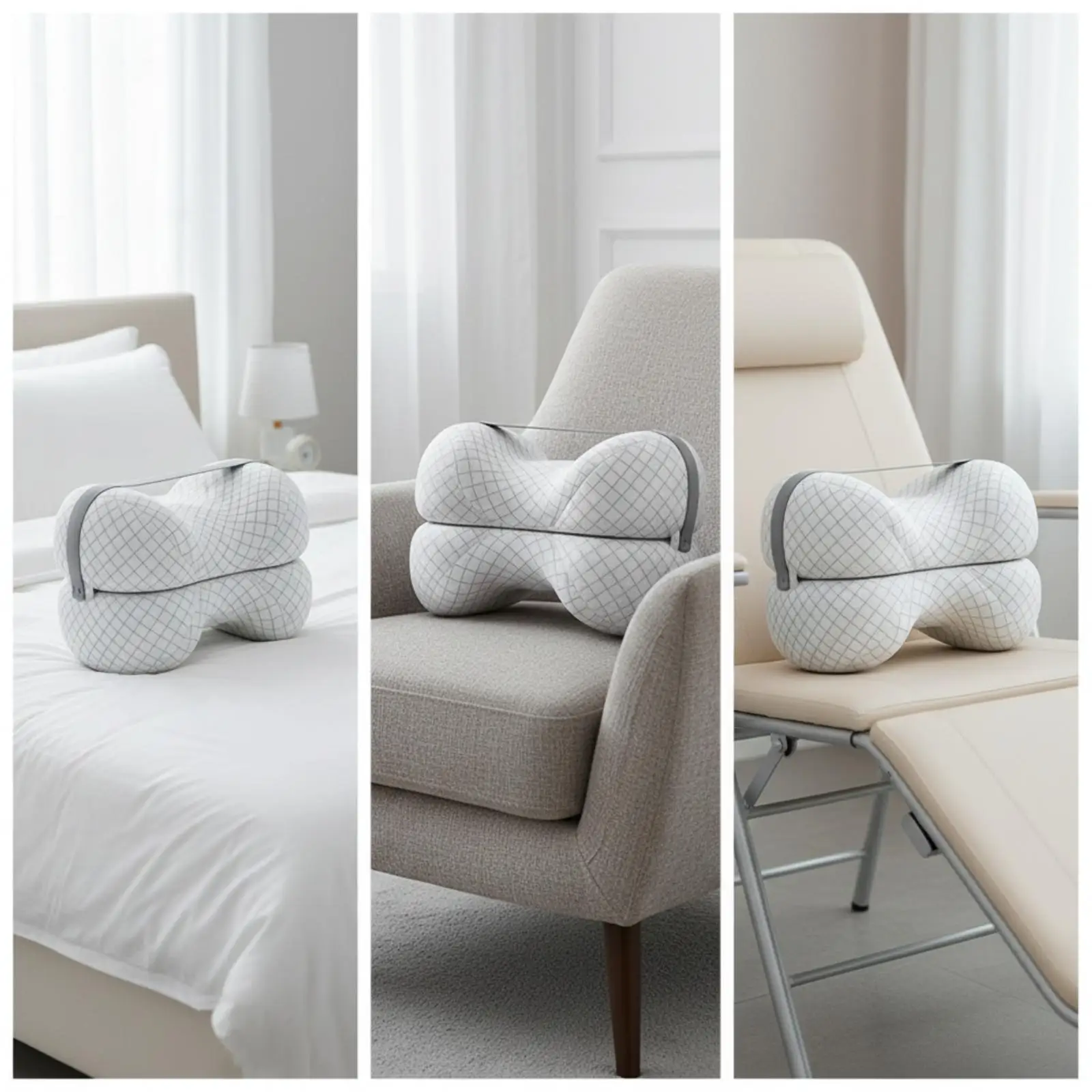 Contoured Cushion for Legs with Diamond Pattern Cover and Secure Strap for Side Sleeping Support