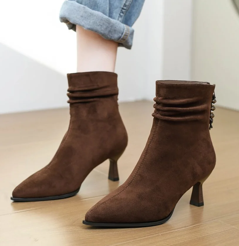 

Vintage Pointed Toe Women Ankle Boots Autumn Ladies Concise High Heel Slip on Short Botas Zapatos De Mujer Fur Shoes with Heels