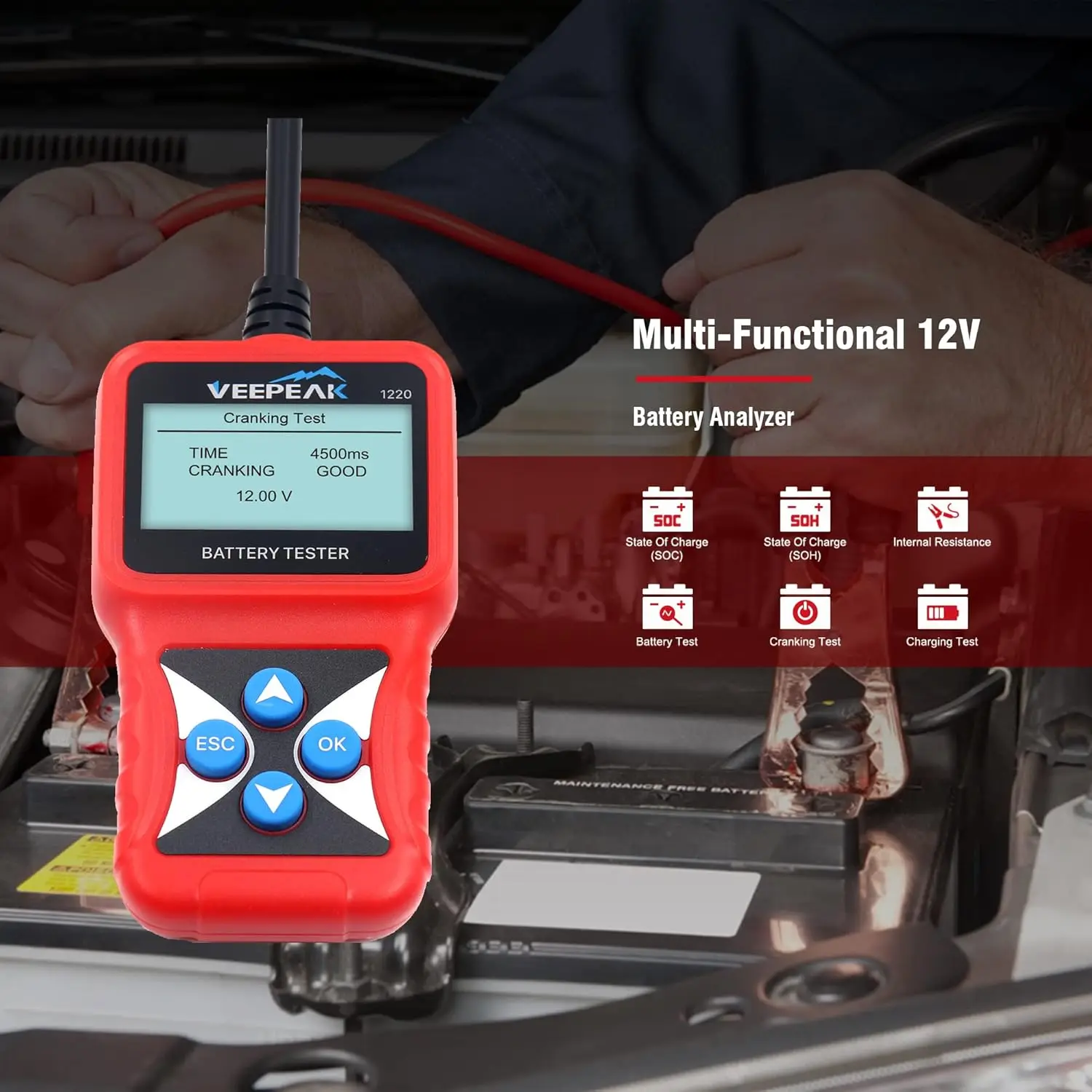 Mini Scanner Bluetooth OBD II pour Android, testeur de batterie 12V, analyseur de charge et d'alternateur, numérique CCA 100-2000