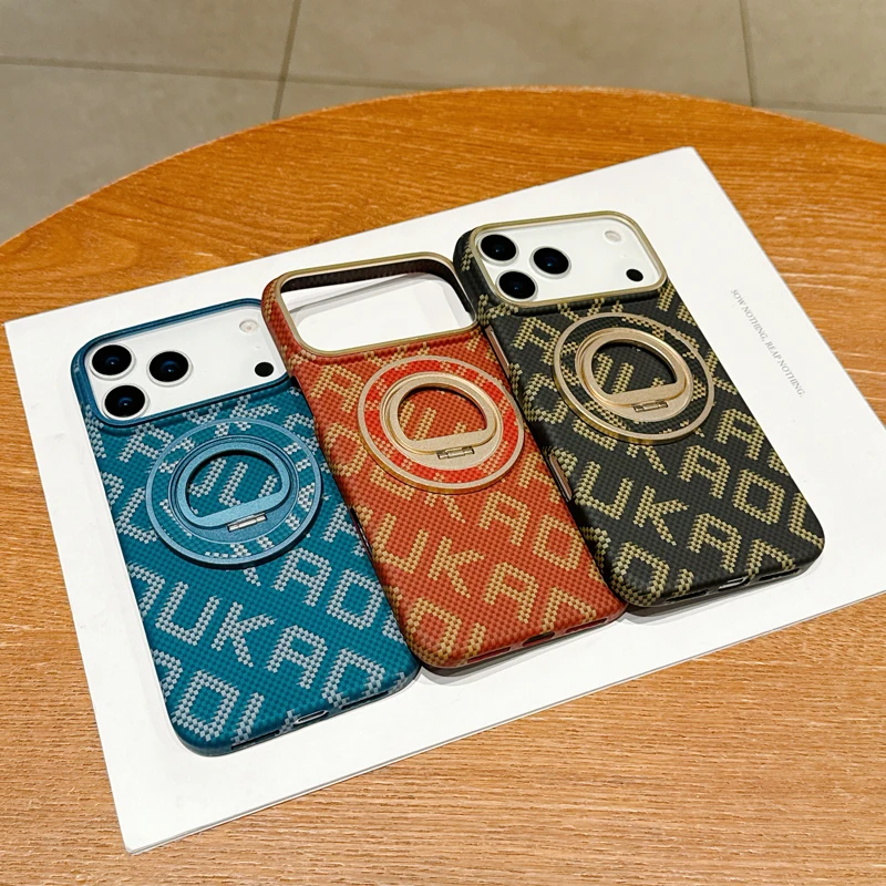 Voor iPhone 17 16 15 Pro Max Case Luxe Koolstofvezel Textuur Magnetische Harde PC Legering Lens + Ring Stand Achterkant voor iPhone 17