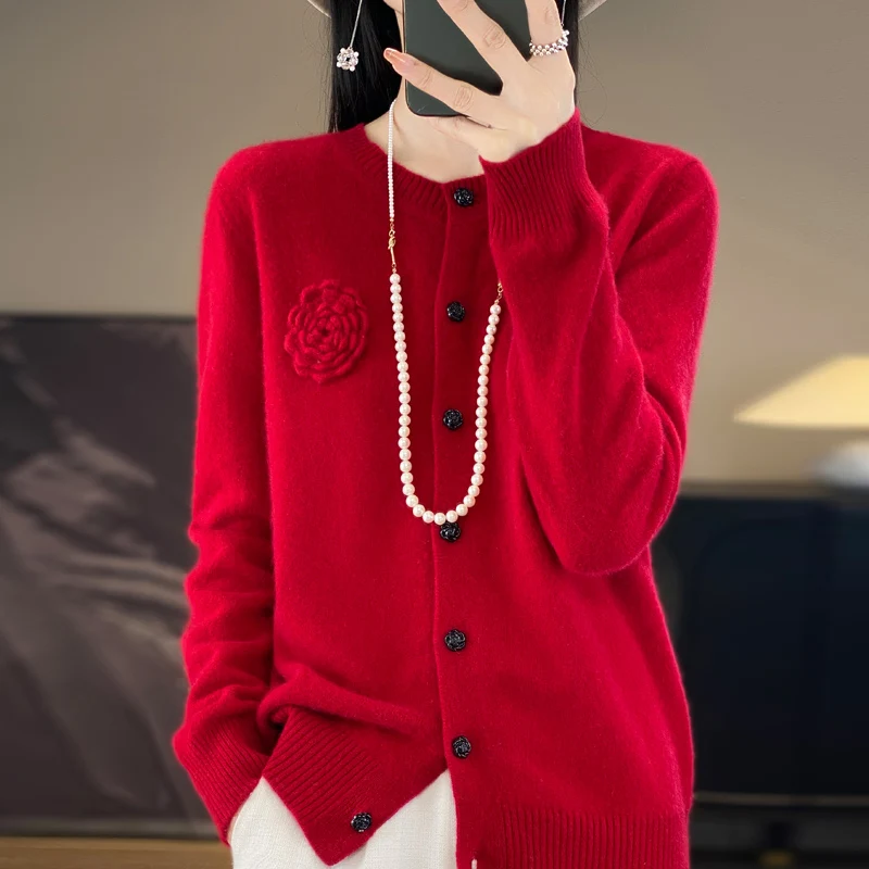 Heavy Industry three-dimensional cardigan flower round neck 100% Merino wool sweater new temperament red sweater coat